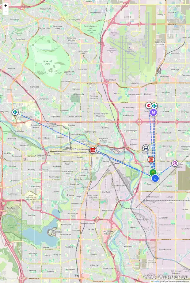 Daily accessibility map for 3445 31A AV SE, Calgary showing nearby schools, grocery stores, parks, LRT stations and nearby amenities