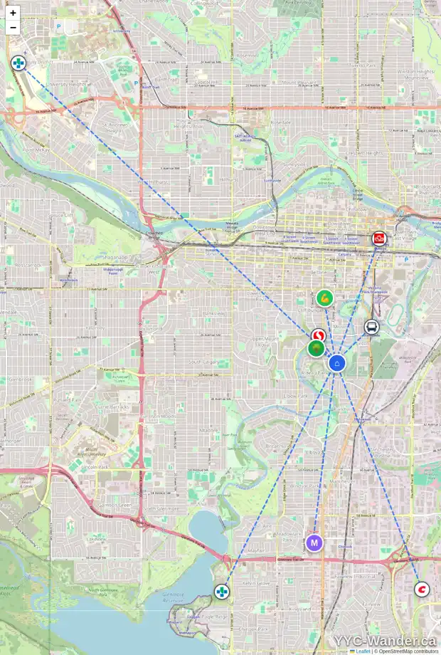 Daily accessibility map for 3202 2 ST SW, Calgary showing nearby schools, grocery stores, parks, LRT stations and nearby amenities