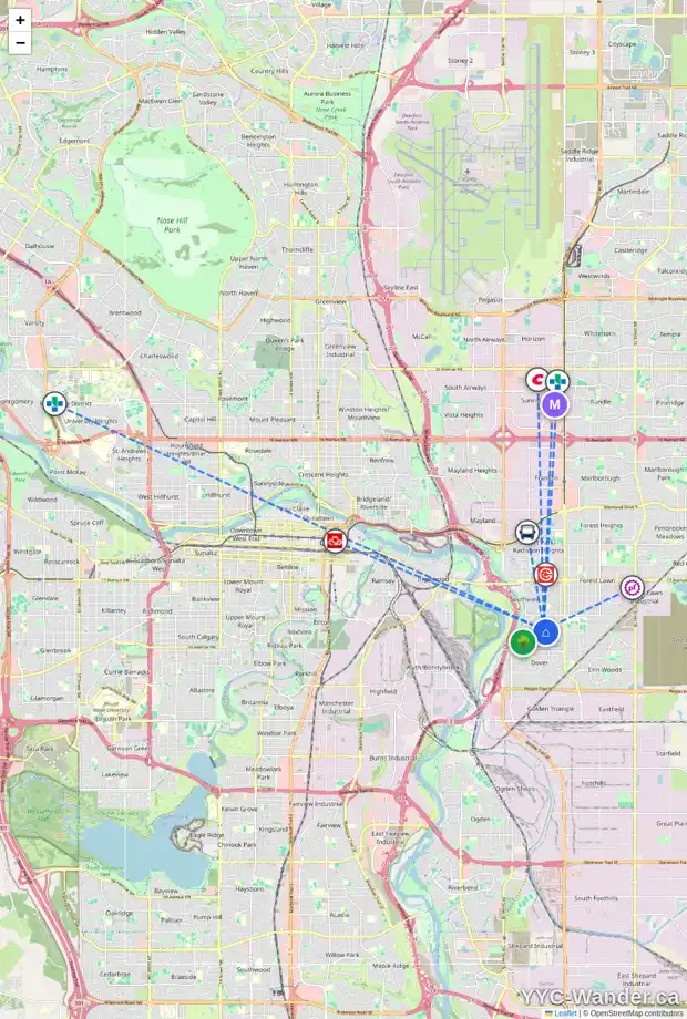 Daily accessibility map for 3046 30A ST SE, Calgary showing nearby schools, grocery stores, parks, LRT stations and nearby amenities