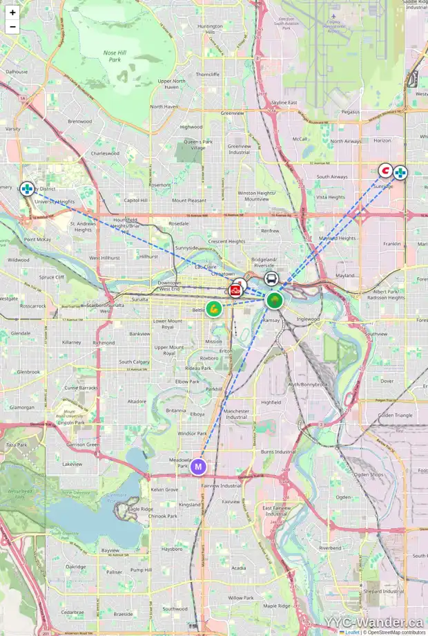Daily accessibility map for 203 812 8 ST SE, Calgary showing nearby schools, grocery stores, parks, LRT stations and nearby amenities