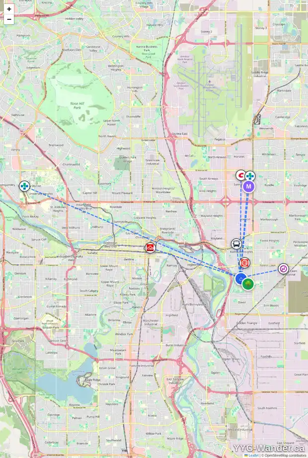 Daily accessibility map for 2054 33 ST SE, Calgary showing nearby schools, grocery stores, parks, LRT stations and nearby amenities