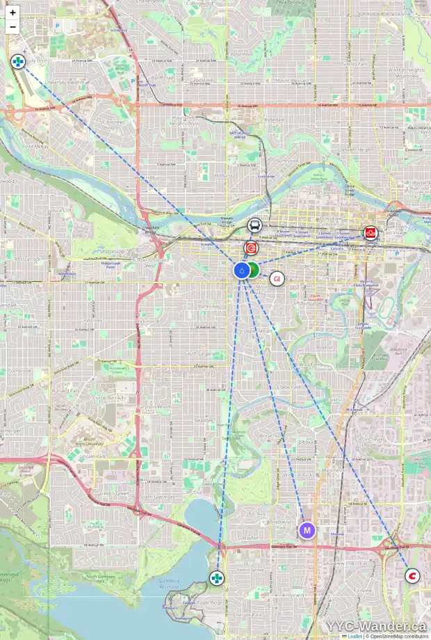 Daily accessibility map for 401 1414 12 ST SW, Calgary showing nearby schools, grocery stores, parks, LRT stations and nearby amenities