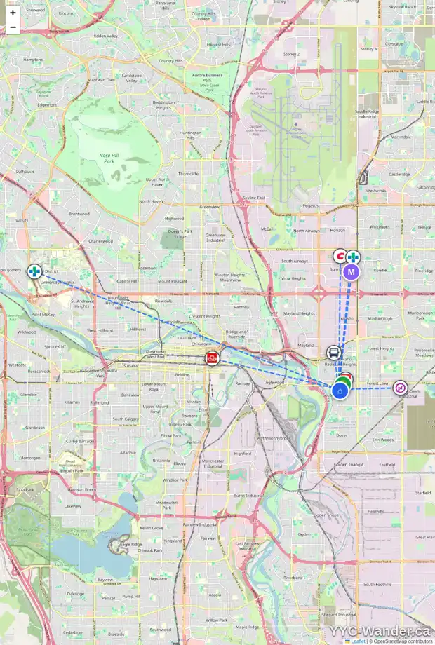 Daily accessibility map for 2005 ASPEN CR SE, Calgary showing nearby schools, grocery stores, parks, LRT stations and nearby amenities