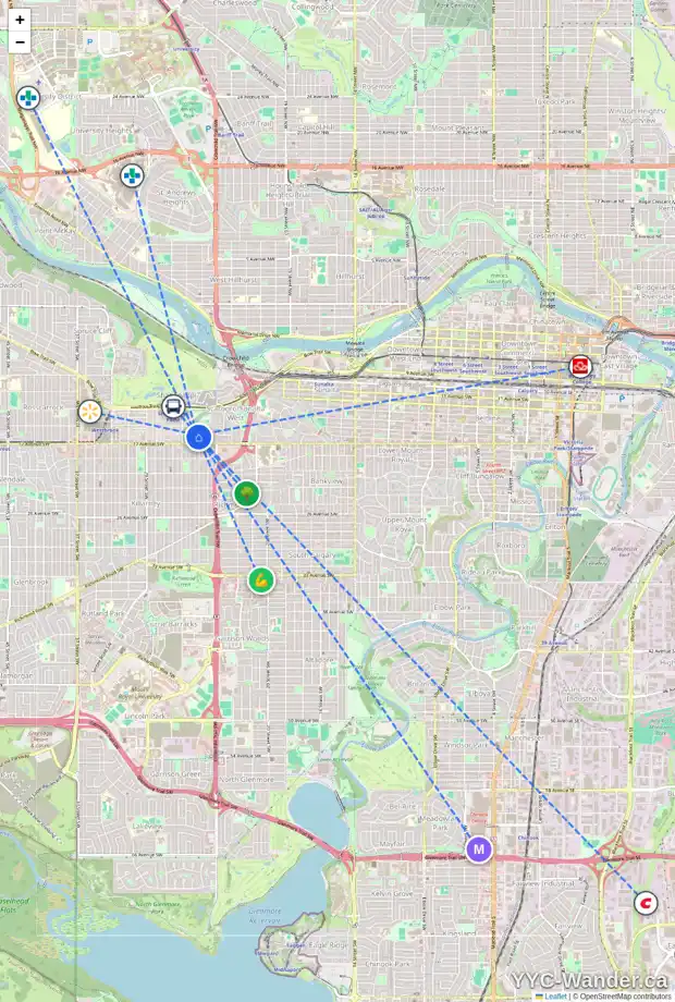Daily accessibility map for 1725 25 ST SW, Calgary showing nearby schools, grocery stores, parks, LRT stations and nearby amenities