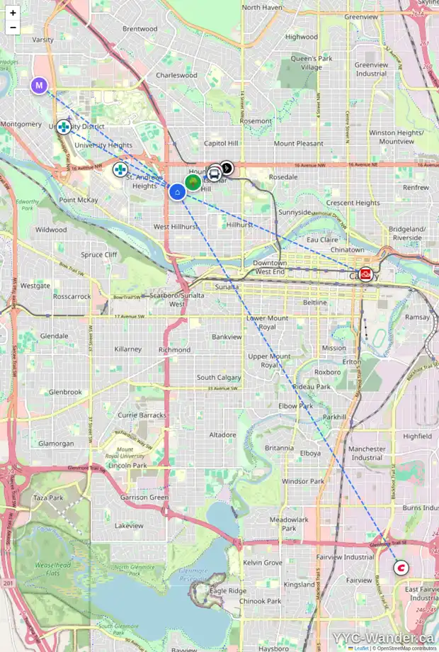 Daily accessibility map for 2216 JUNIPER RD NW, Calgary showing nearby schools, grocery stores, parks, LRT stations and nearby amenities