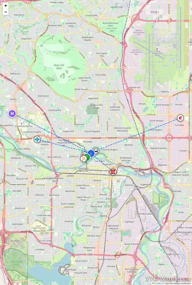 Daily accessibility map for 103 730 2 AV NW, Calgary showing nearby schools, grocery stores, parks, LRT stations and nearby amenities