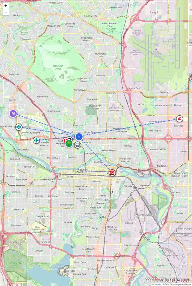Daily accessibility map for 1309 18 AV NW, Calgary showing nearby schools, grocery stores, parks, LRT stations and nearby amenities