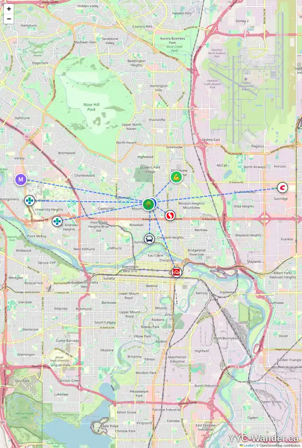 Daily accessibility map for 542 23 AV NW, Calgary showing nearby schools, grocery stores, parks, LRT stations and nearby amenities