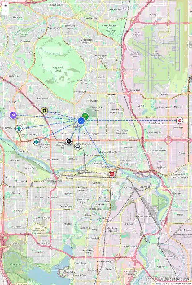 Daily accessibility map for 22 ROSETREE CR NW, Calgary showing nearby schools, grocery stores, parks, LRT stations and nearby amenities