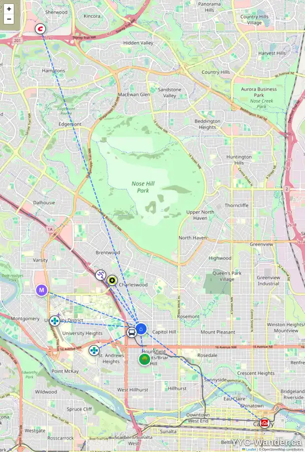 Daily accessibility map for 2355 22 ST NW, Calgary showing nearby schools, grocery stores, parks, LRT stations and nearby amenities