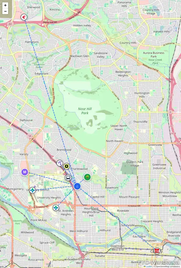 Daily accessibility map for 2420 26 AV NW, Calgary showing nearby schools, grocery stores, parks, LRT stations and nearby amenities