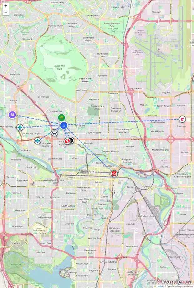 Daily accessibility map for 2511 COCHRANE RD NW, Calgary showing nearby schools, grocery stores, parks, LRT stations and nearby amenities