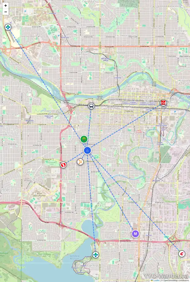 Daily accessibility map for 1805 28 AV SW, Calgary showing nearby schools, grocery stores, parks, LRT stations and nearby amenities