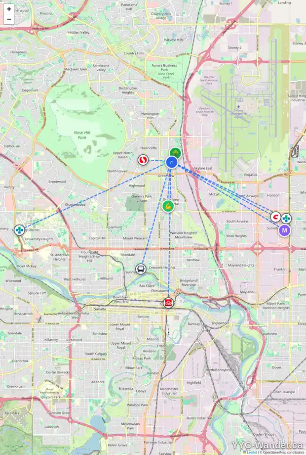 Daily accessibility map for 47 GRIER PL NE, Calgary showing nearby schools, grocery stores, parks, LRT stations and nearby amenities