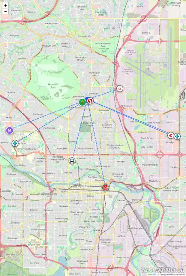 Daily accessibility map for 719 THORNEYCROFT DR NW, Calgary showing nearby schools, grocery stores, parks, LRT stations and nearby amenities