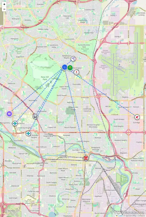 Daily accessibility map for 1211 HUNTERQUAY HL NW, Calgary showing nearby schools, grocery stores, parks, LRT stations and nearby amenities