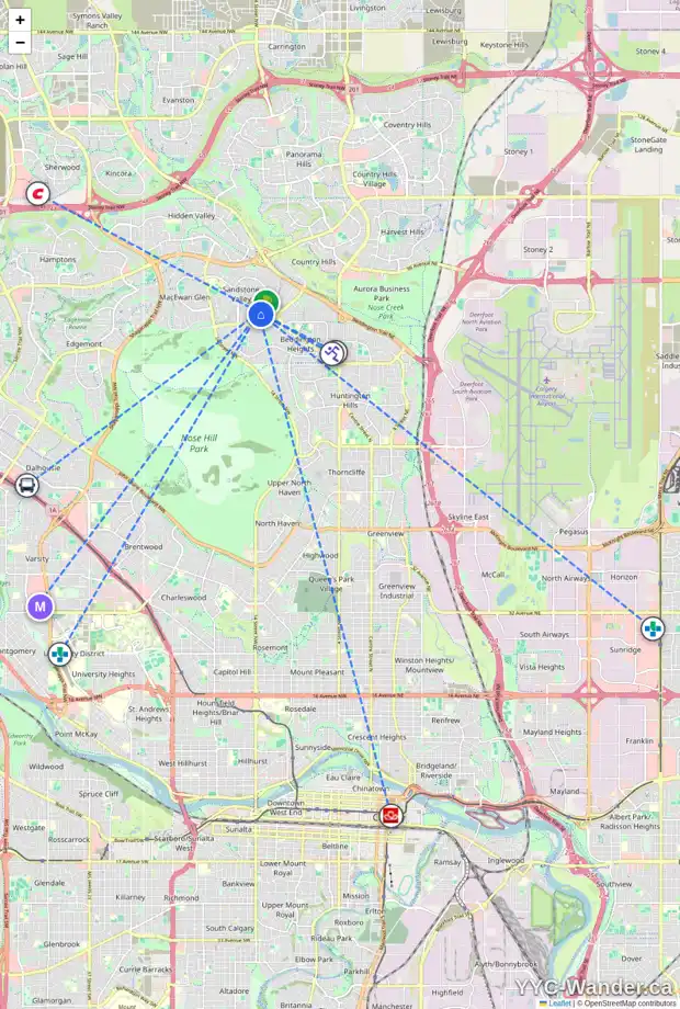 Daily accessibility map for 143 SANDSTONE PL NW, Calgary showing nearby schools, grocery stores, parks, LRT stations and nearby amenities
