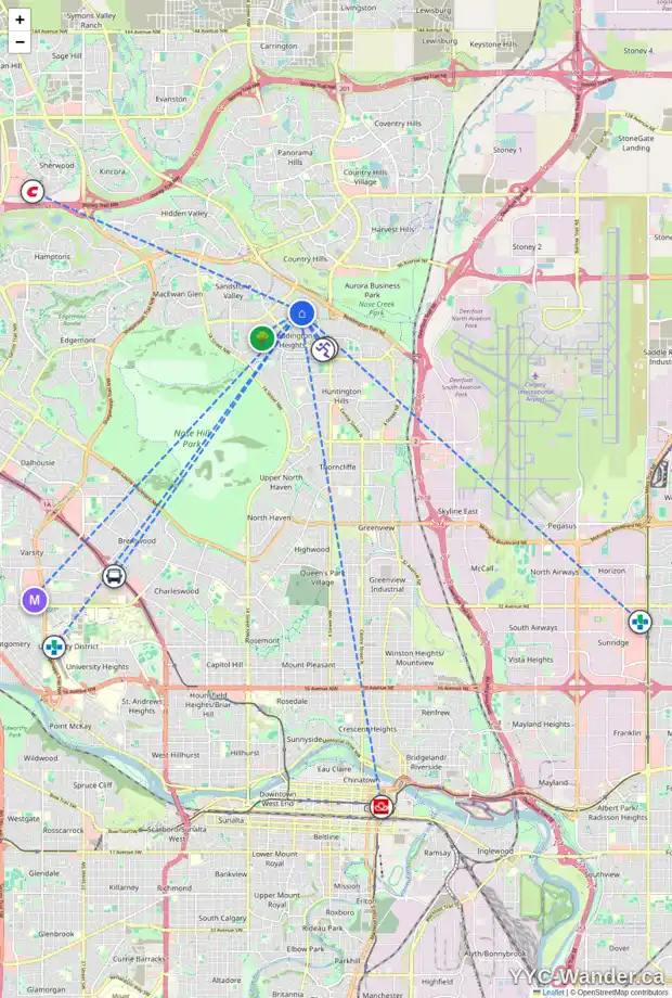 Daily accessibility map for 191 BERNARD DR NW, Calgary showing nearby schools, grocery stores, parks, LRT stations and nearby amenities
