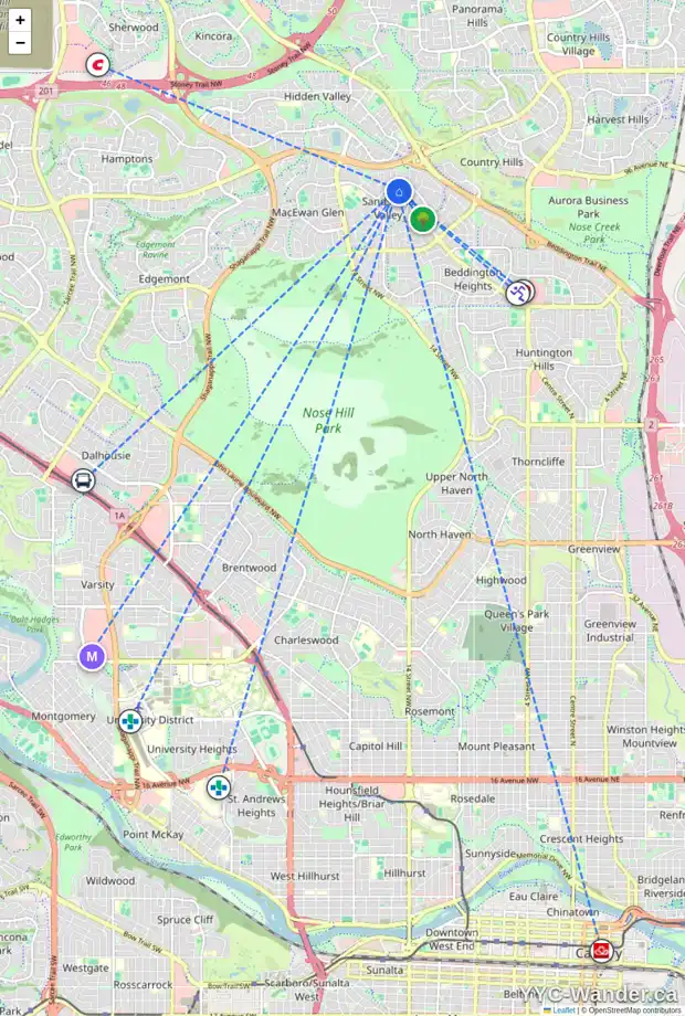Daily accessibility map for 94 SANDPIPER WY NW, Calgary showing nearby schools, grocery stores, parks, LRT stations and nearby amenities