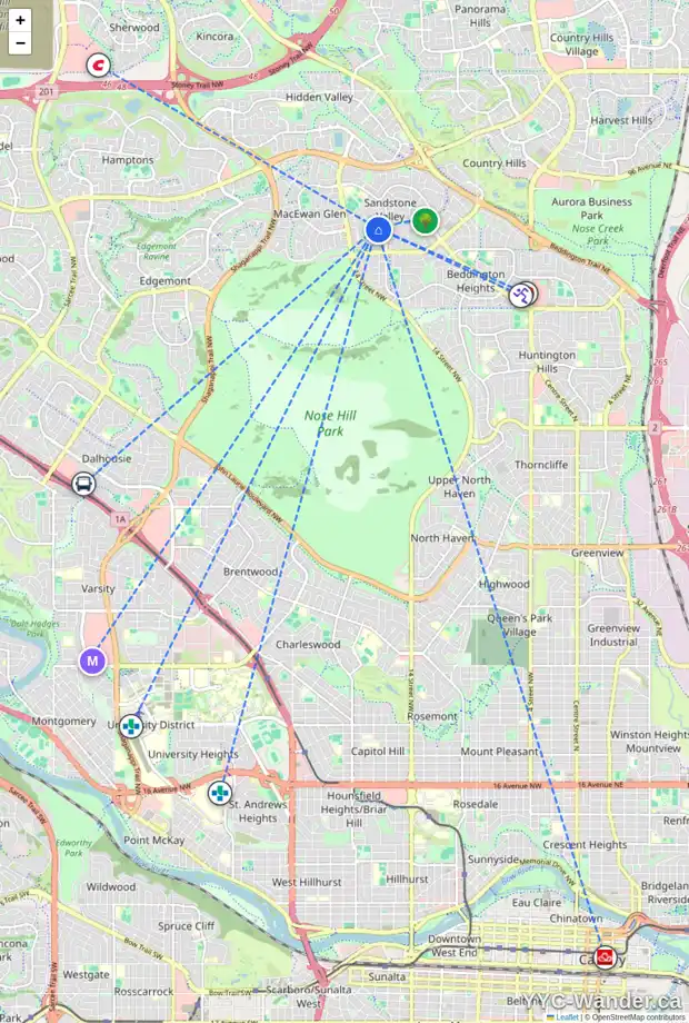 Daily accessibility map for 19 SANDRINGHAM WY NW, Calgary showing nearby schools, grocery stores, parks, LRT stations and nearby amenities
