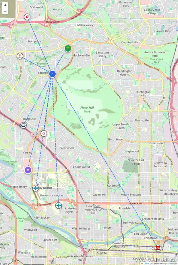 Daily accessibility map for 127 EDGEBROOK ME NW, Calgary showing nearby schools, grocery stores, parks, LRT stations and nearby amenities