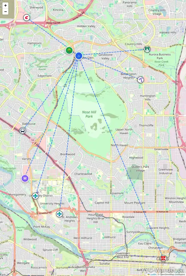 Daily accessibility map for 36 MACEWAN PARK CL NW, Calgary showing nearby schools, grocery stores, parks, LRT stations and nearby amenities