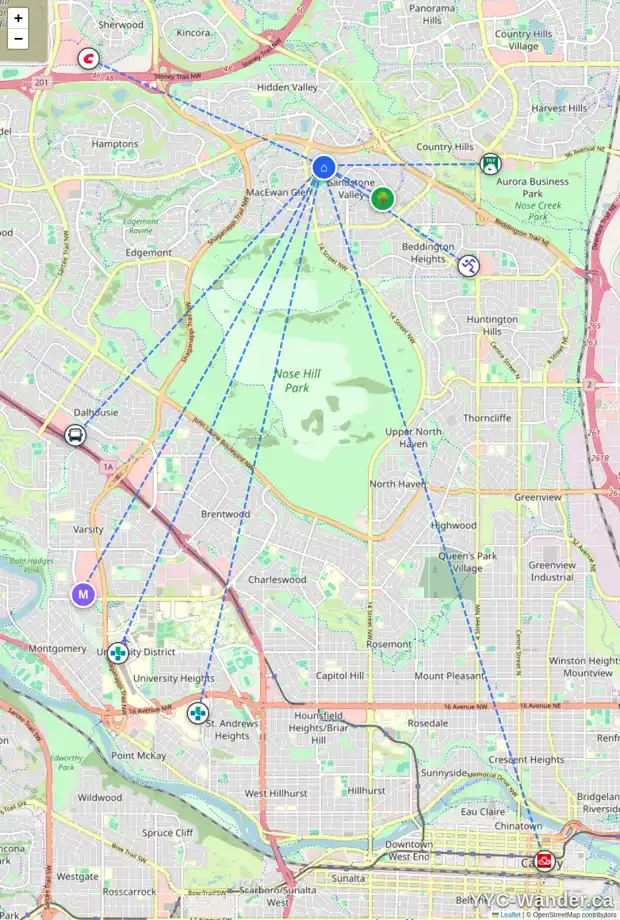Daily accessibility map for 348 SANDARAC DR NW, Calgary showing nearby schools, grocery stores, parks, LRT stations and nearby amenities