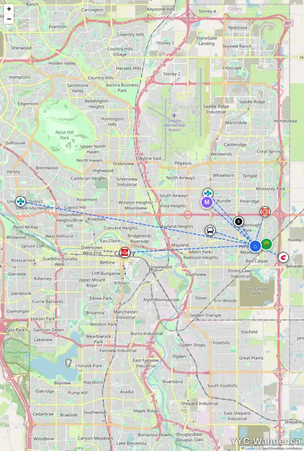 Daily accessibility map for 163 PENSVILLE RD SE, Calgary showing nearby schools, grocery stores, parks, LRT stations and nearby amenities