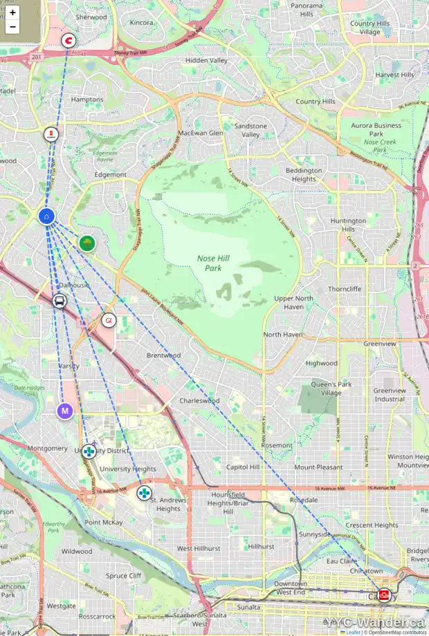 Daily accessibility map for 43 EDGEHILL RI NW, Calgary showing nearby schools, grocery stores, parks, LRT stations and nearby amenities