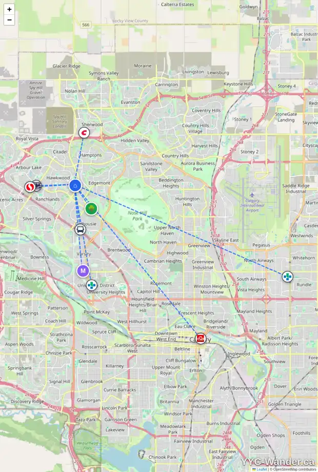 Daily accessibility map for 31 HAWKHILL WY NW, Calgary showing nearby schools, grocery stores, parks, LRT stations and nearby amenities
