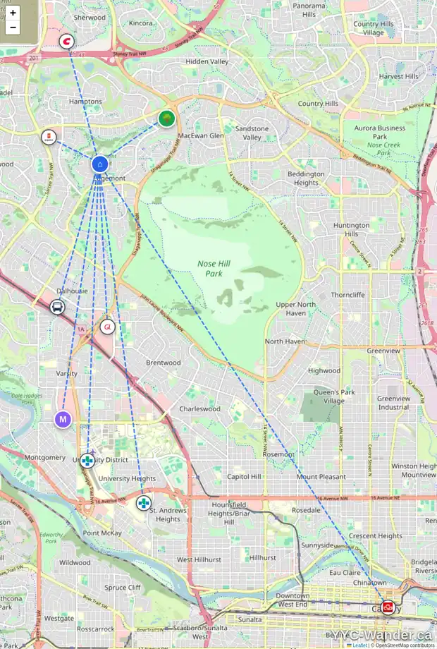 Daily accessibility map for 33 EDGEVALLEY WY NW, Calgary showing nearby schools, grocery stores, parks, LRT stations and nearby amenities