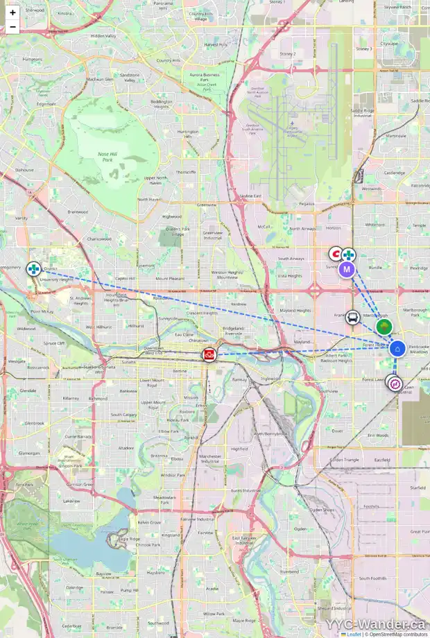 Daily accessibility map for 607 FOREST PL SE, Calgary showing nearby schools, grocery stores, parks, LRT stations and nearby amenities