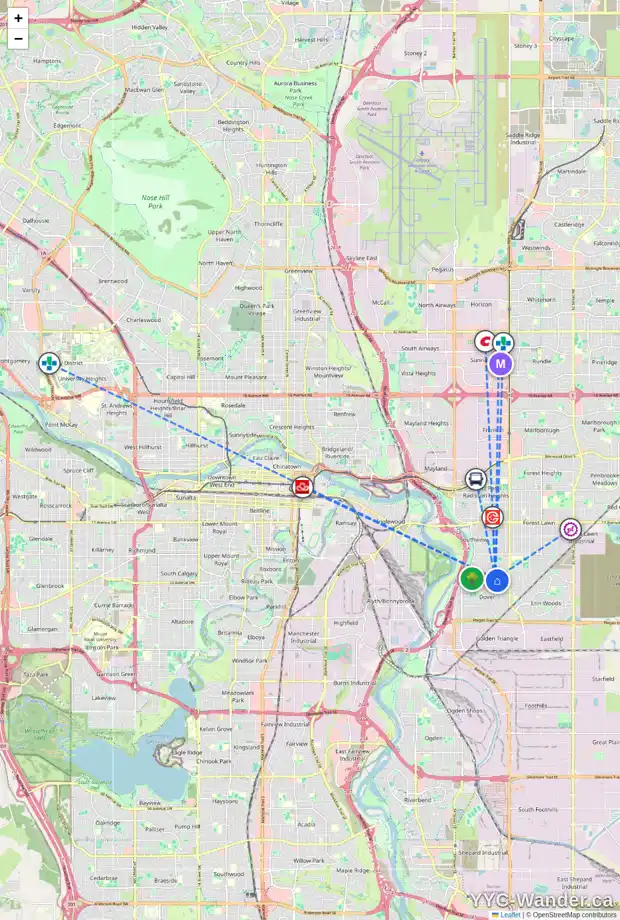 Daily accessibility map for 3242 32A AV SE, Calgary showing nearby schools, grocery stores, parks, LRT stations and nearby amenities