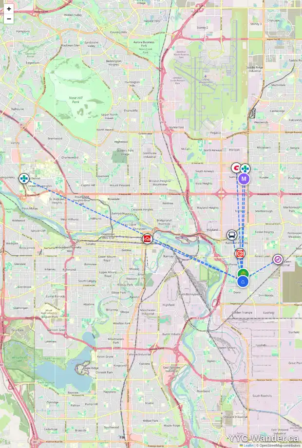 Daily accessibility map for 3239 30A AV SE, Calgary showing nearby schools, grocery stores, parks, LRT stations and nearby amenities