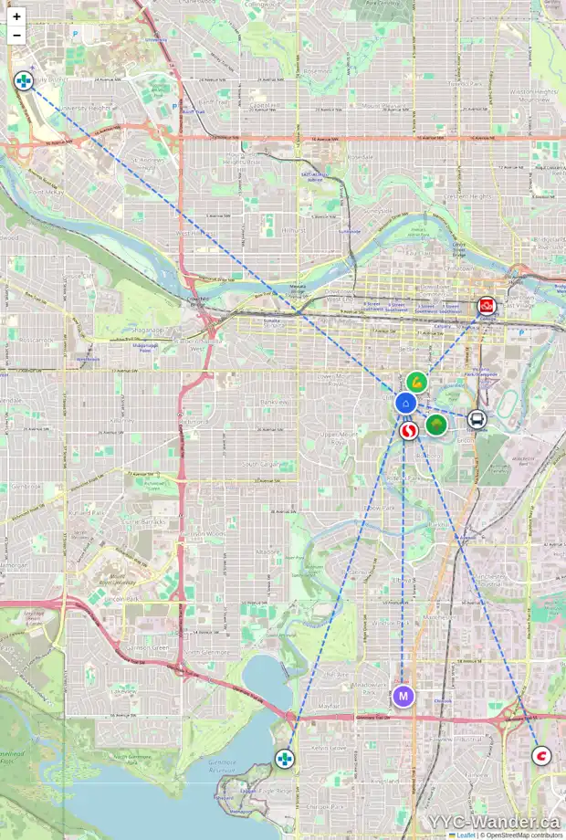 Daily accessibility map for 533 21 AV SW, Calgary showing nearby schools, grocery stores, parks, LRT stations and nearby amenities