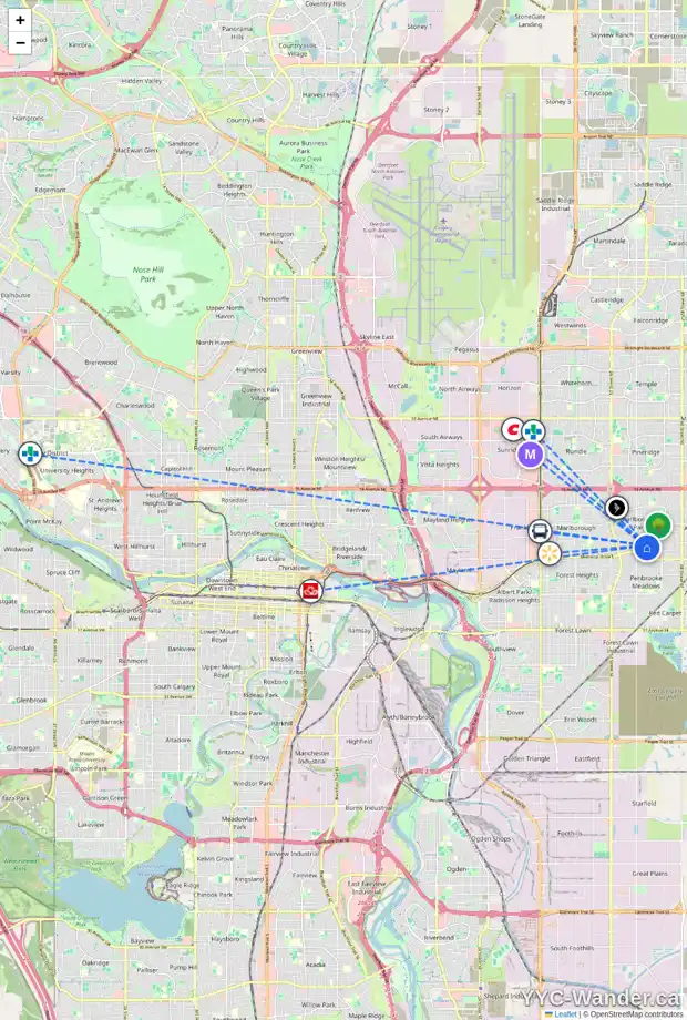 Daily accessibility map for 280 MADDOCK WY NE, Calgary showing nearby schools, grocery stores, parks, LRT stations and nearby amenities