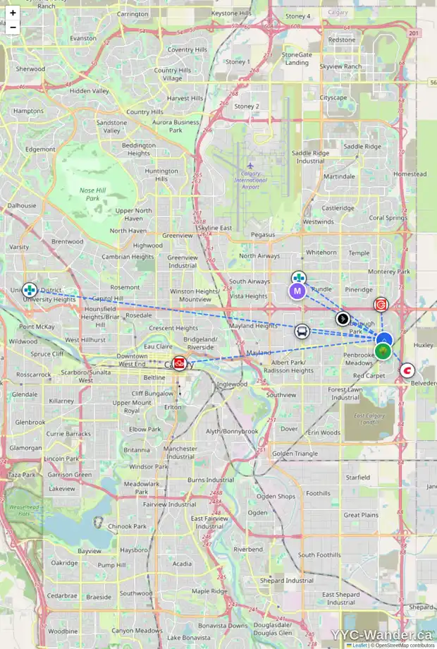 Daily accessibility map for 6923 4 AV NE, Calgary showing nearby schools, grocery stores, parks, LRT stations and nearby amenities