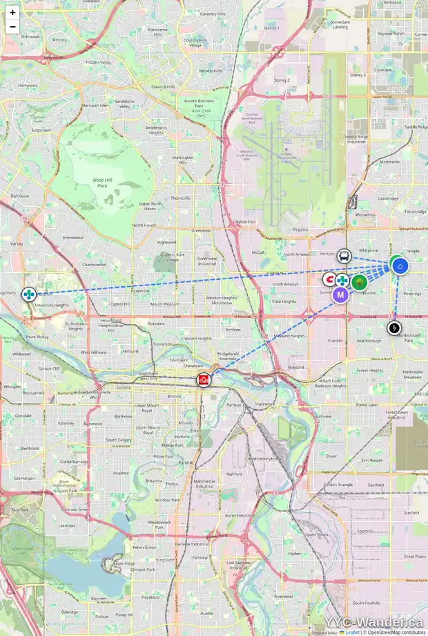 Daily accessibility map for 3444 TEMPLE WY NE, Calgary showing nearby schools, grocery stores, parks, LRT stations and nearby amenities