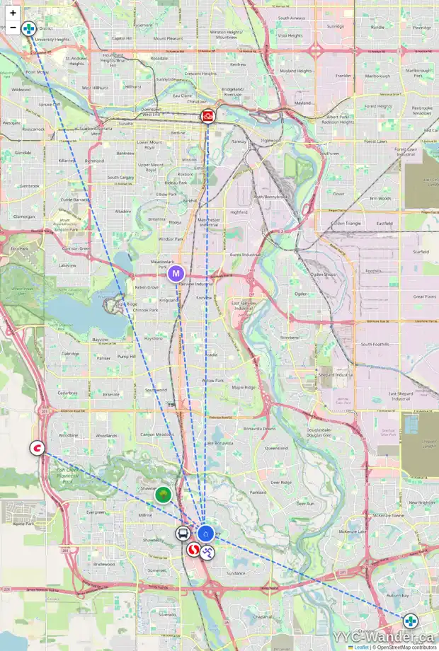 Daily accessibility map for 111 MIDBEND PL SE, Calgary showing nearby schools, grocery stores, parks, LRT stations and nearby amenities
