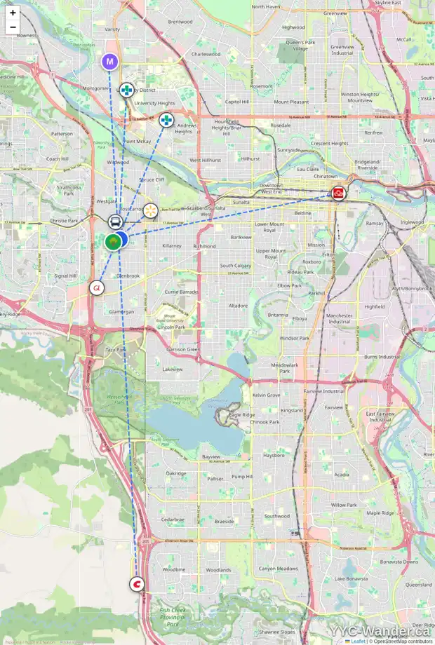 Daily accessibility map for 2215 45 ST SW, Calgary showing nearby schools, grocery stores, parks, LRT stations and nearby amenities