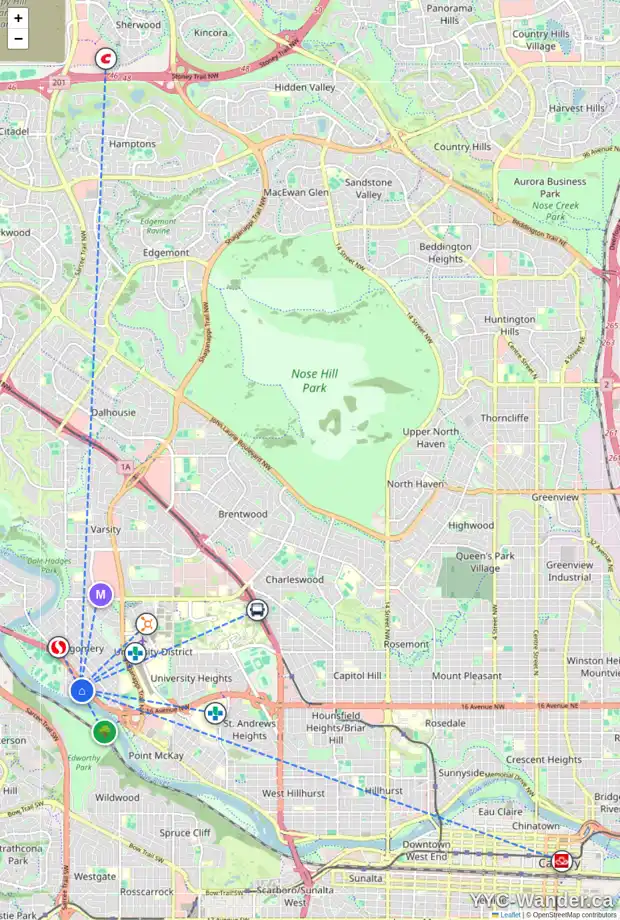 Daily accessibility map for 4537 MONTEREY AV NW, Calgary showing nearby schools, grocery stores, parks, LRT stations and nearby amenities