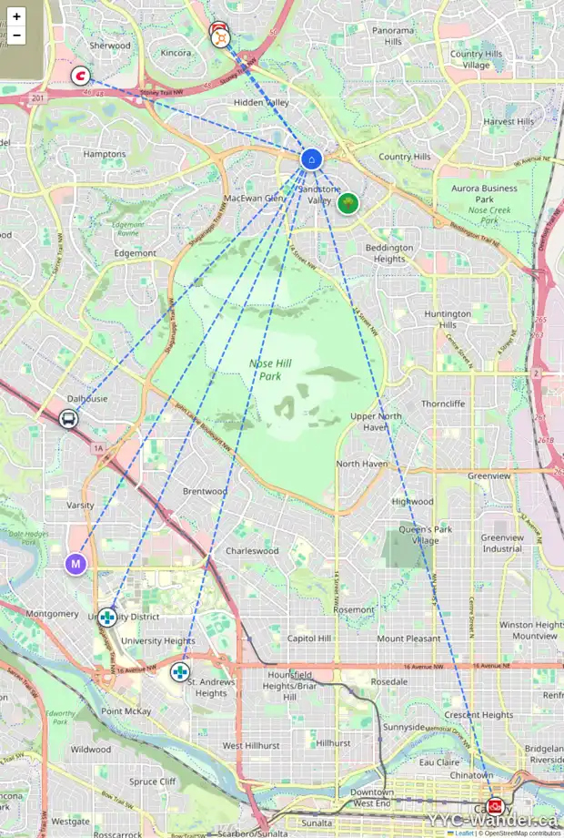 Daily accessibility map for 10236 HIDDEN VALLEY DR NW, Calgary showing nearby schools, grocery stores, parks, LRT stations and nearby amenities