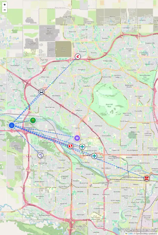 Daily accessibility map for 6 VALLEY RIDGE GR NW, Calgary showing nearby schools, grocery stores, parks, LRT stations and nearby amenities