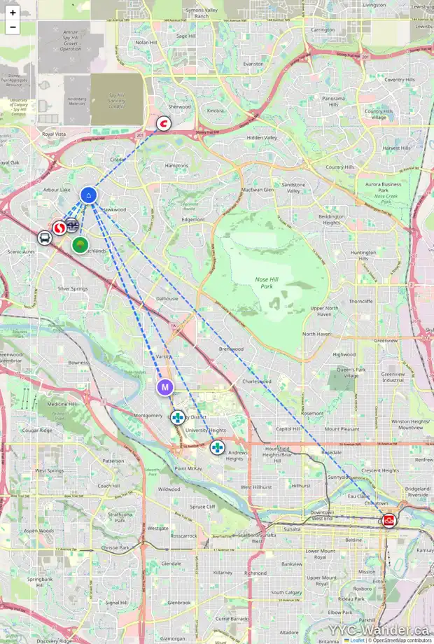 Daily accessibility map for 249 ARBOUR CLIFF CL NW, Calgary showing nearby schools, grocery stores, parks, LRT stations and nearby amenities