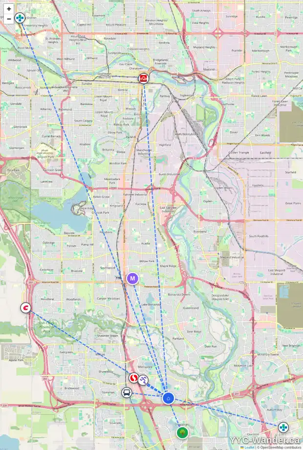 Daily accessibility map for 105 SUNLAKE GD SE, Calgary showing nearby schools, grocery stores, parks, LRT stations and nearby amenities