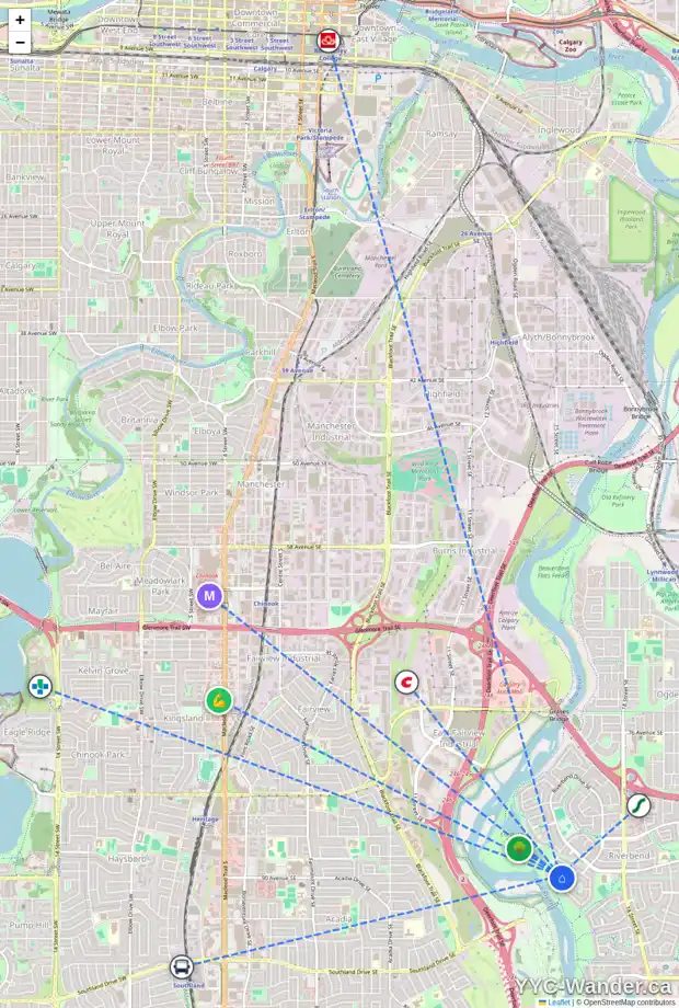 Daily accessibility map for 57 RIVERVIEW PT SE, Calgary showing nearby schools, grocery stores, parks, LRT stations and nearby amenities