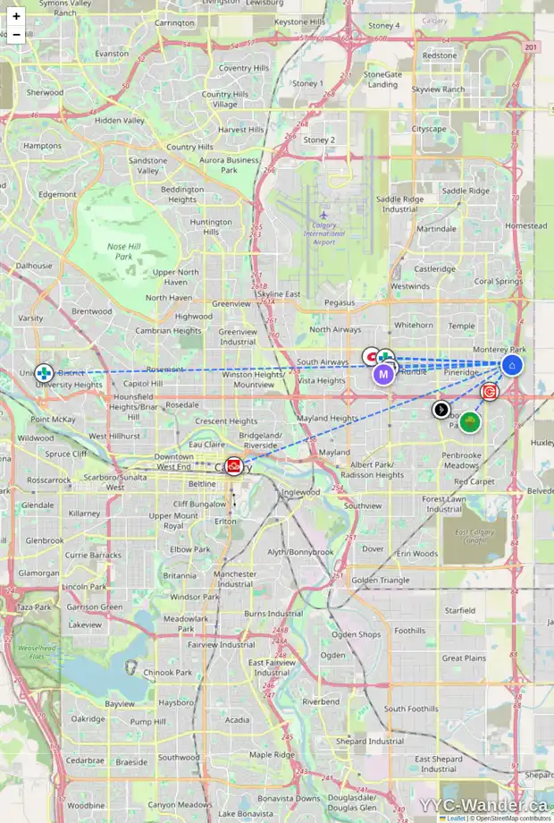 Daily accessibility map for 100 DEL RAY CL NE, Calgary showing nearby schools, grocery stores, parks, LRT stations and nearby amenities