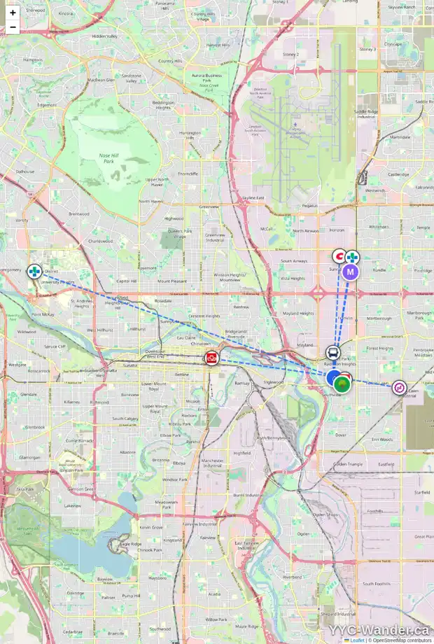 Daily accessibility map for 2830 15 AV SE, Calgary showing nearby schools, grocery stores, parks, LRT stations and nearby amenities