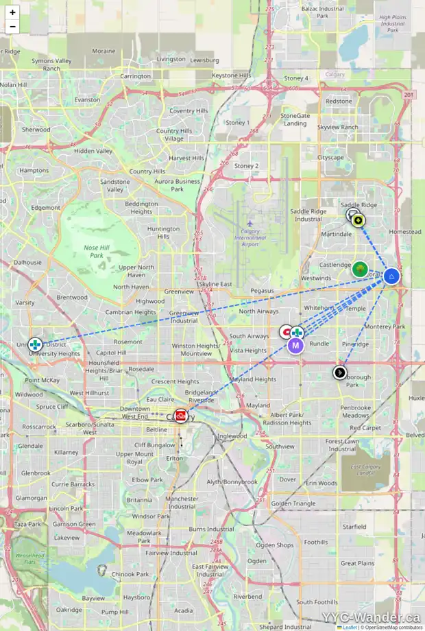 Daily accessibility map for 206 CORAL SPRINGS BV NE, Calgary showing nearby schools, grocery stores, parks, LRT stations and nearby amenities