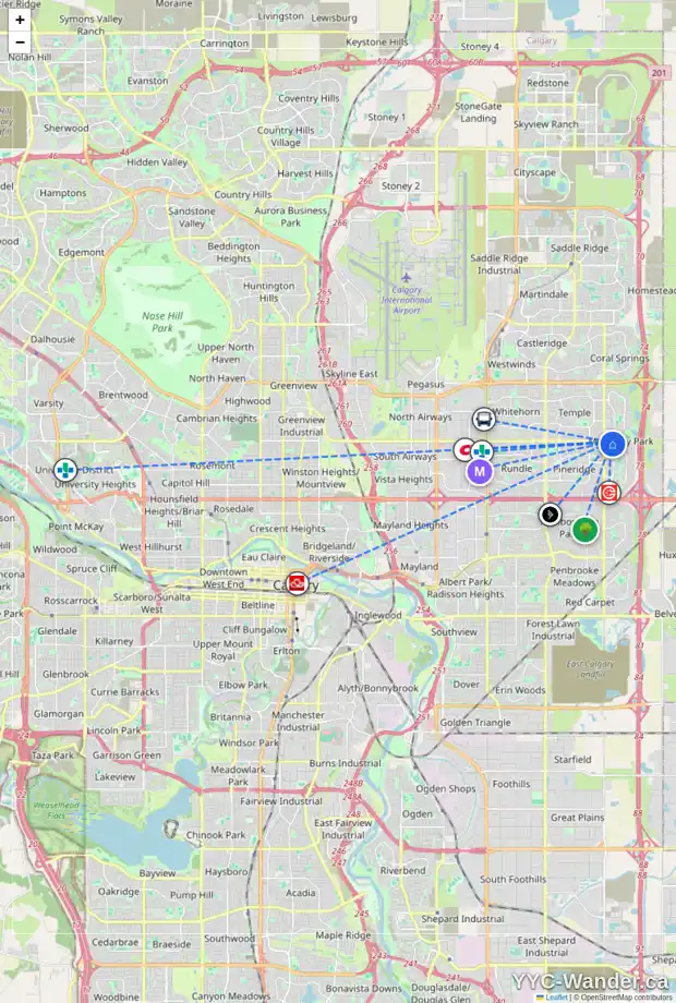 Daily accessibility map for 14 DEL MONICA VI NE, Calgary showing nearby schools, grocery stores, parks, LRT stations and nearby amenities